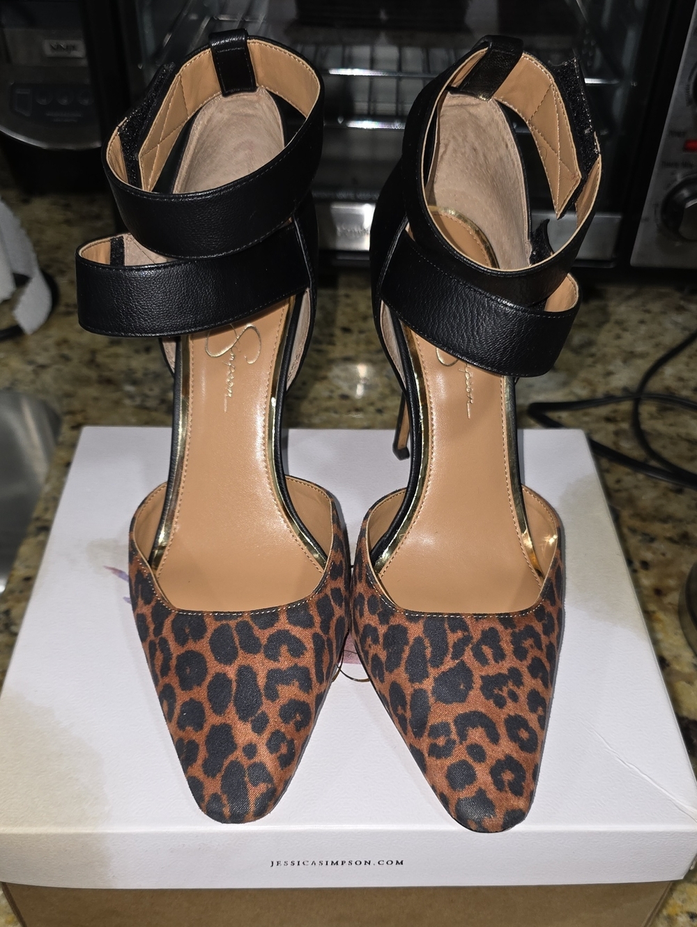 Jessica Simpson Leopard Print Pointed Toe Heels with Black Ankle Straps
